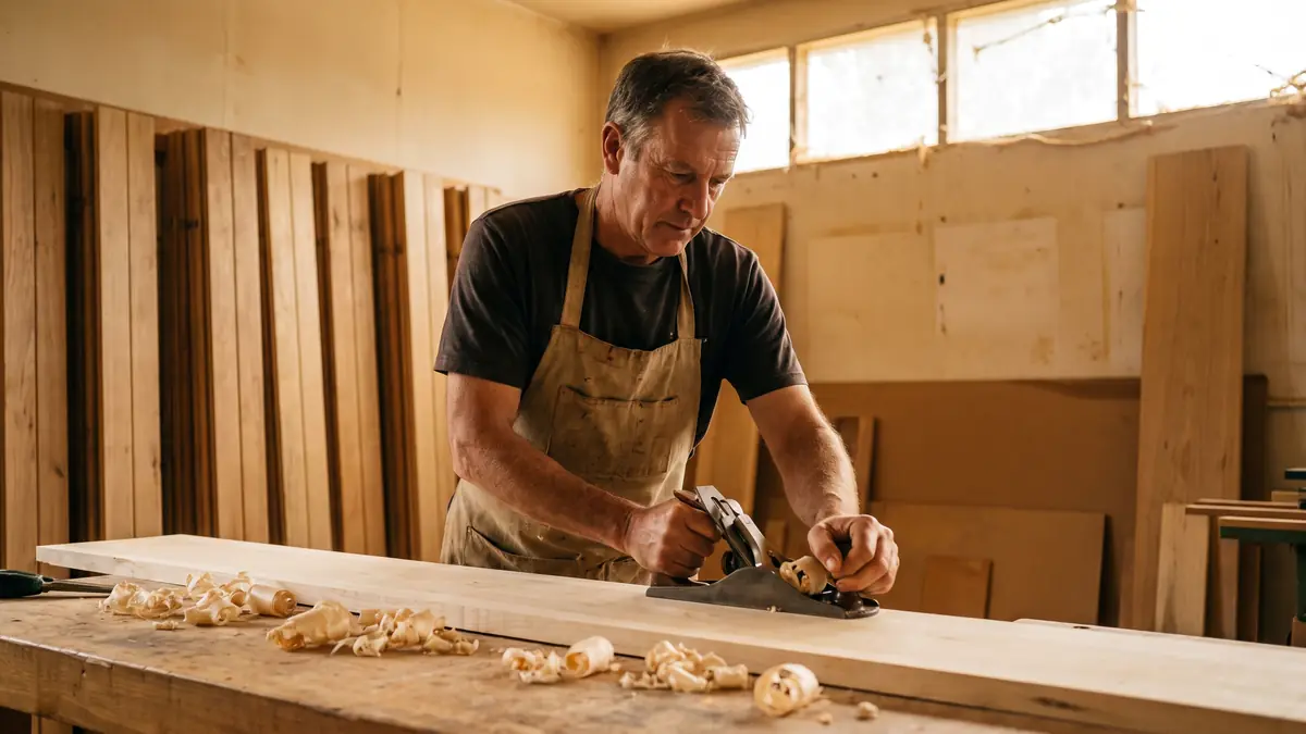 Craftsman planing a thermo-aspen sauna bench board in a manufacturing workshop