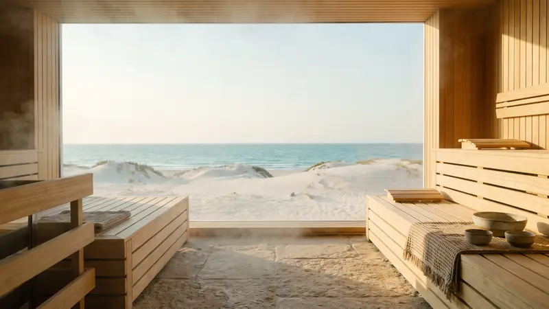 Pale wood sauna with wide window towards dunes and sea in a Saadiyat Island villa in Abu Dhabi