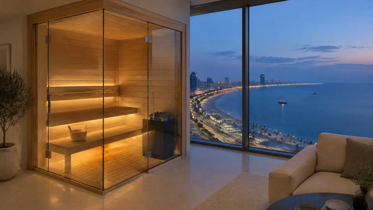 Corner glass sauna of pale timber beside a sea-view window overlooking the Ajman corniche at dusk