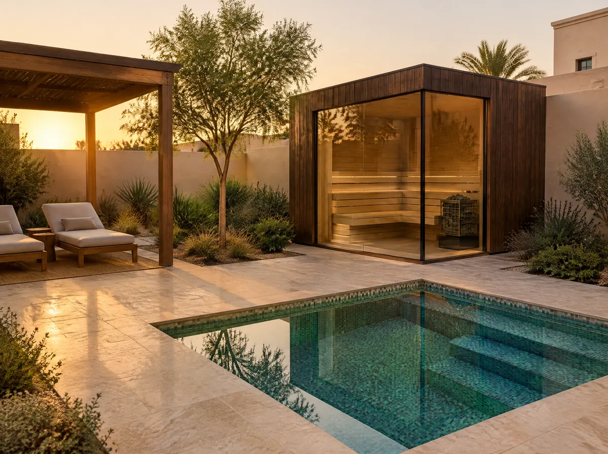 Dark timber glass-cornered sauna cabin beside a square mosaic plunge pool in a walled Ajman villa courtyard