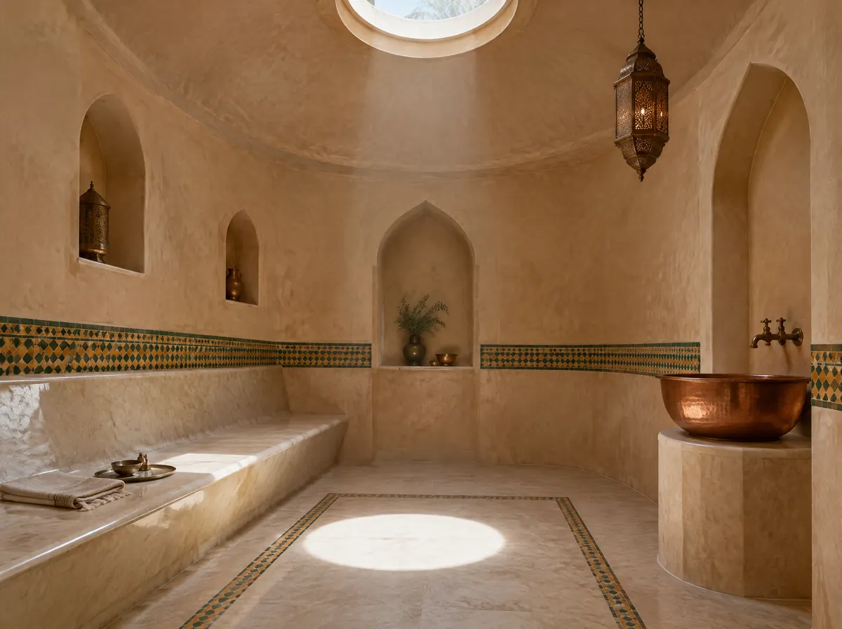 Family hammam with sand tadelakt walls, a zellige band, a heated marble bench and a copper basin under a round skylight in an Al Ain villa