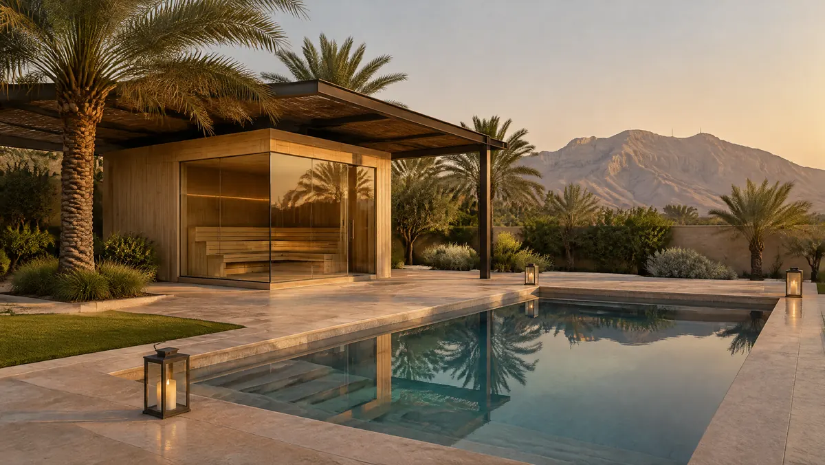 Shaded glass sauna pavilion and stone plunge pool among date palms in an Al Ain villa garden with Jebel Hafeet beyond
