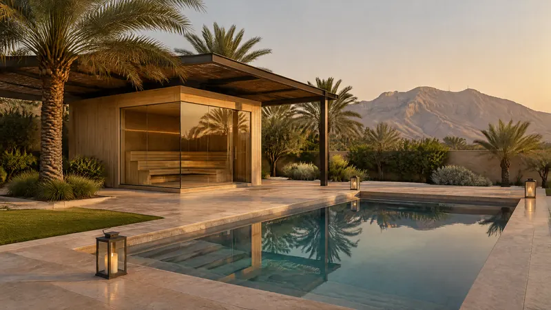 Shaded glass sauna pavilion and stone plunge pool among date palms in an Al Ain villa garden with Jebel Hafeet beyond