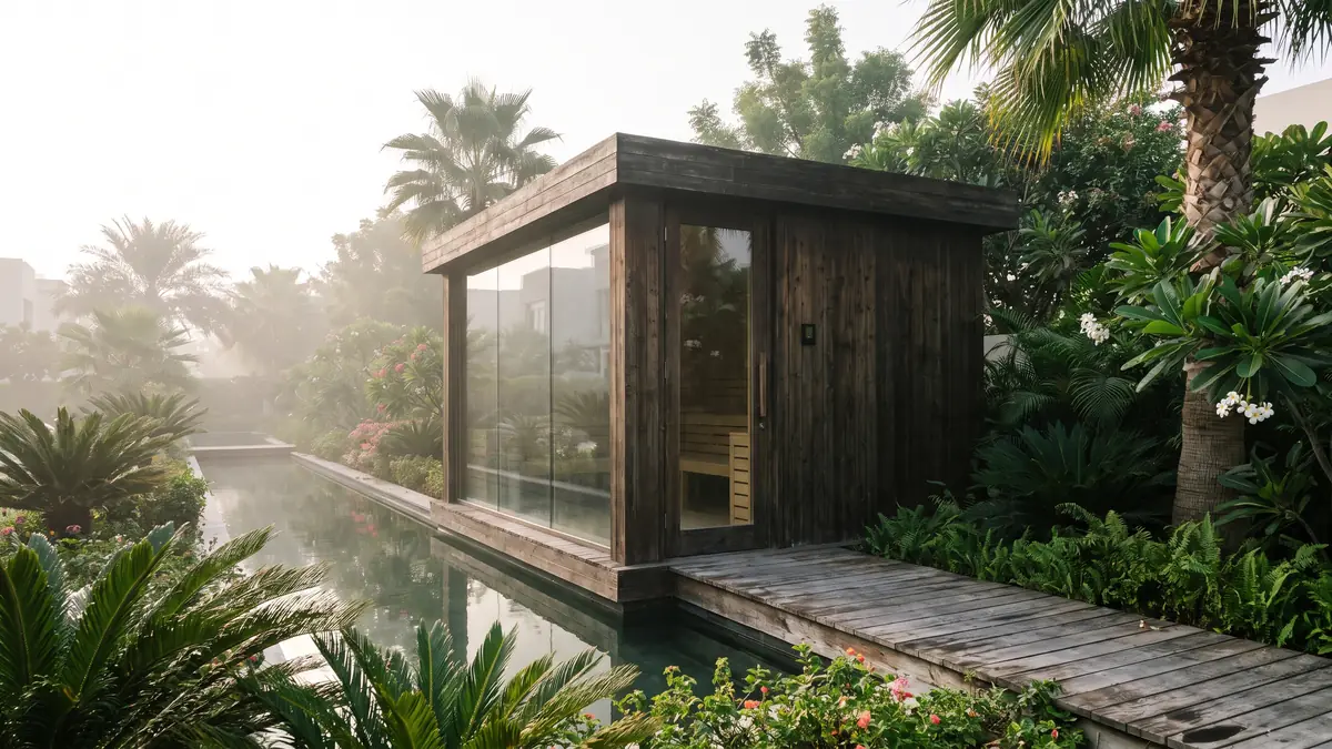 Glass and timber sauna pavilion beside a water channel among greenery in Al Barari