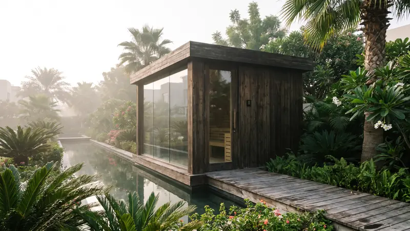 Glass and timber sauna pavilion beside a water channel among greenery in Al Barari