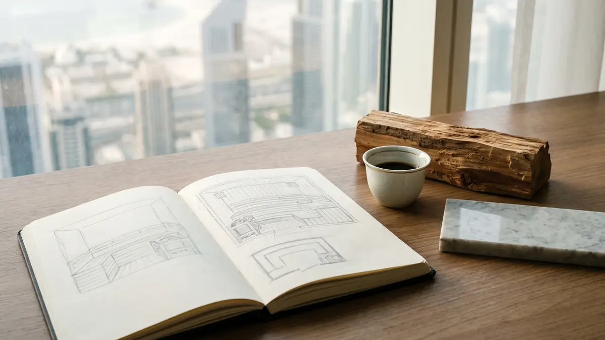 Notebook with sauna layout sketches, cedar and marble samples in Dubai