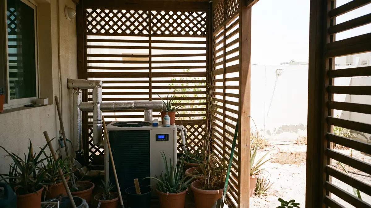 Cold plunge chiller unit with digital display inside a shaded outdoor plant enclosure at a Dubai villa