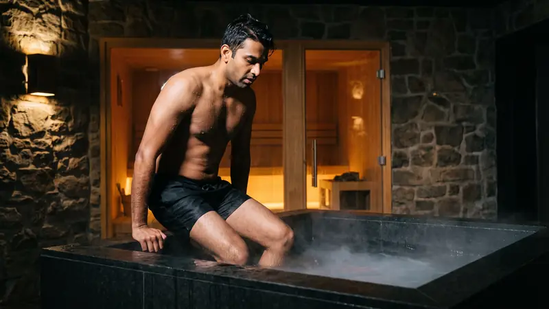 Man stepping into a stone-clad indoor cold plunge basin in a private Dubai spa