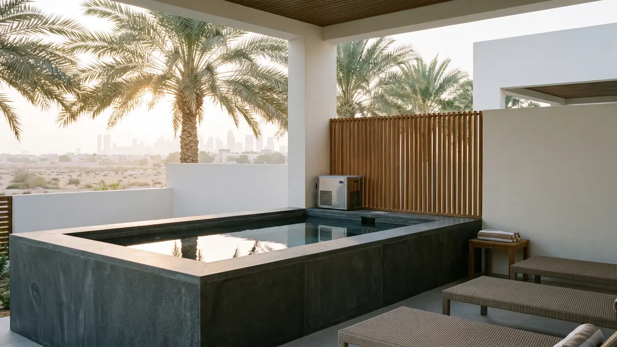 Outdoor cold plunge pool on a shaded Dubai villa terrace at sunrise