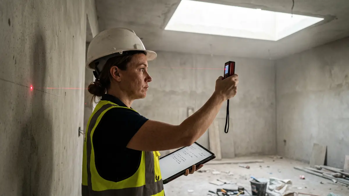 Spa consultant measuring a villa basement room in Dubai with a laser distance meter