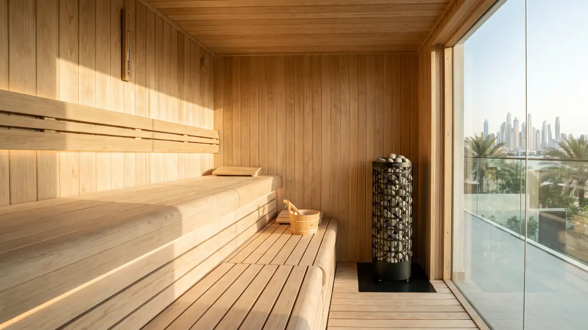 Custom thermo-aspen sauna with panoramic glass wall built in a Dubai villa