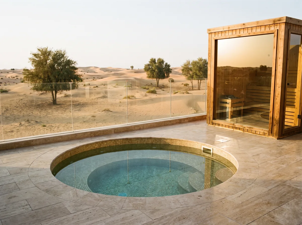 Round mosaic plunge pool and glass-fronted sauna on a desert-facing villa terrace in Dubai