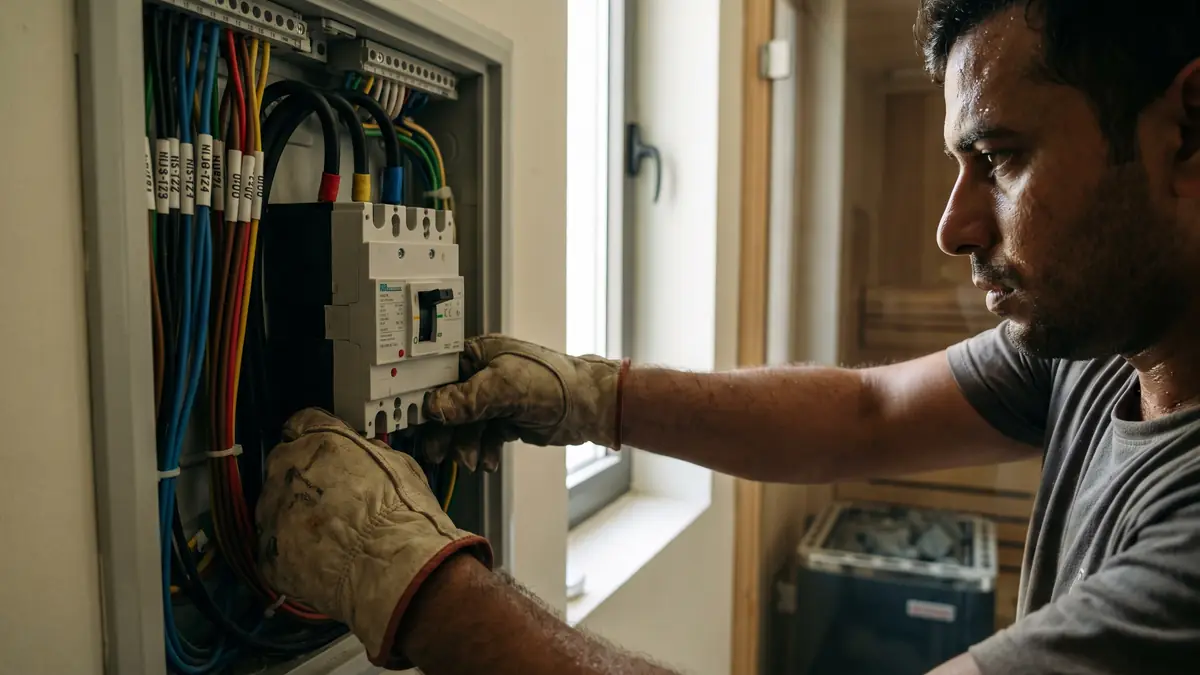 Electrician fitting a three-phase breaker for a sauna heater in a Dubai villa distribution board