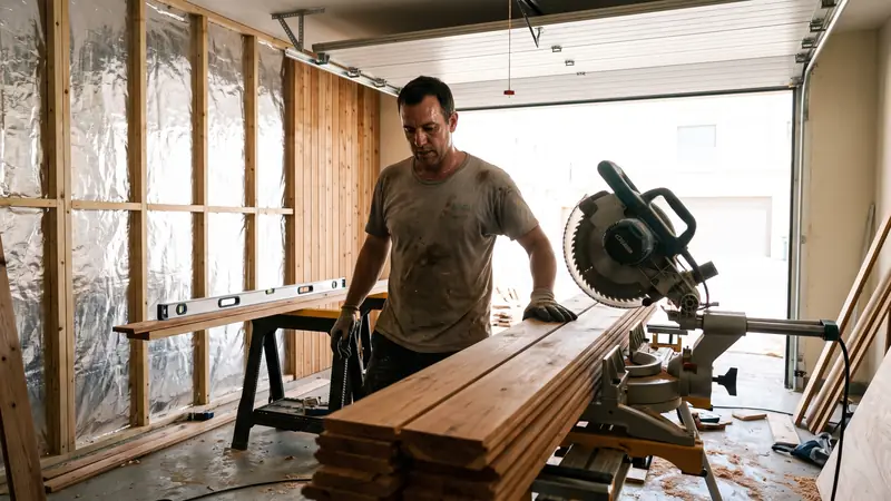 Homeowner building a small sauna in a Dubai villa garage with cedar boards, mitre saw and foil vapour barrier