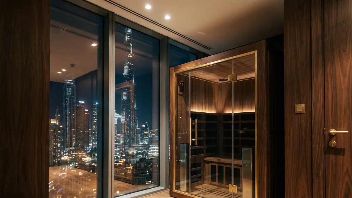 Infrared sauna with glass front beside windows overlooking the Burj Khalifa in a Downtown Dubai penthouse