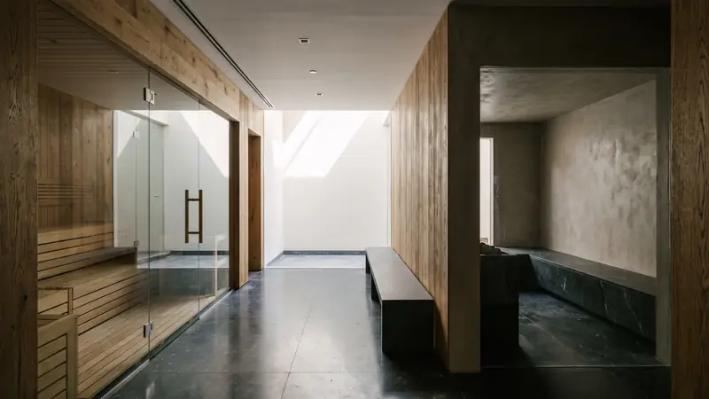 Minimalist basement spa with glass sauna and micro-cement steam room in a Dubai Hills Estate villa