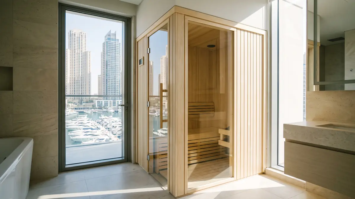 Compact aspen sauna with glass door in a Dubai Marina apartment with towers and yachts in view