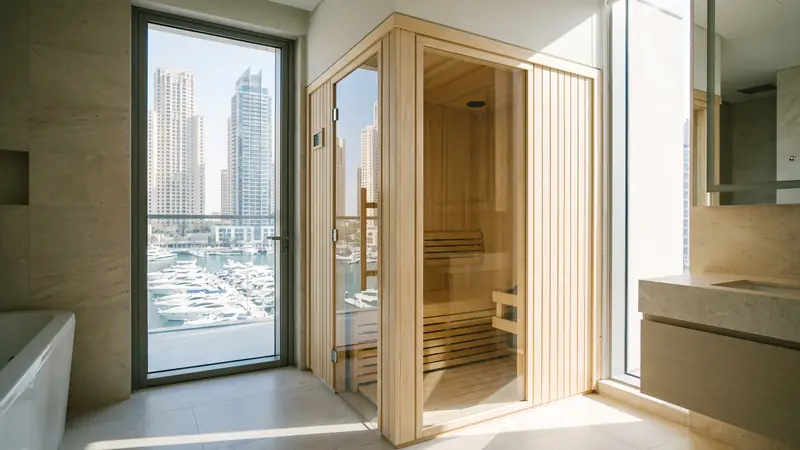 Compact aspen sauna with glass door in a Dubai Marina apartment with towers and yachts in view
