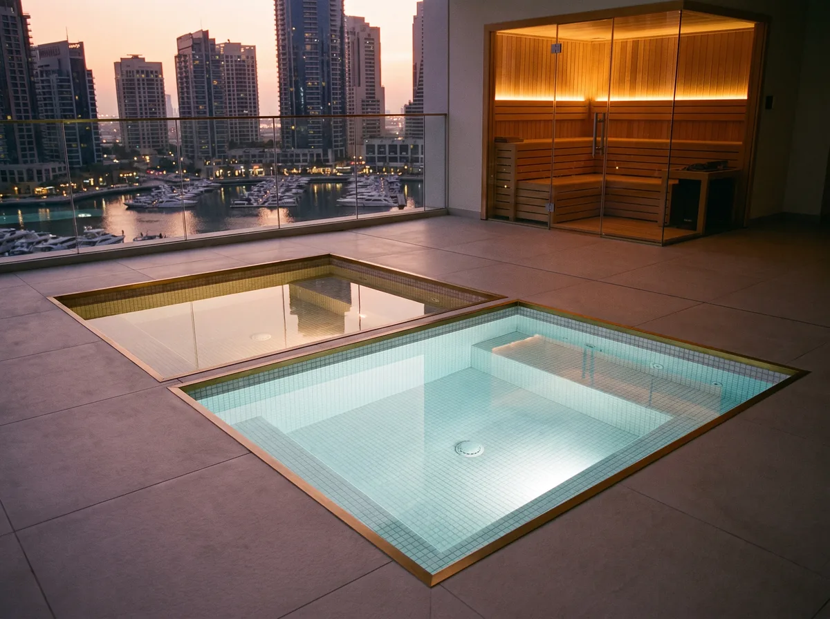 Hot and cold mosaic plunge pools with a corner glass sauna on a Dubai Marina penthouse terrace