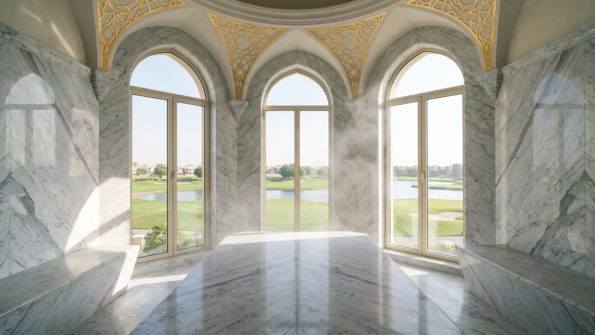 Grand marble hammam with golf course view in an Emirates Hills mansion