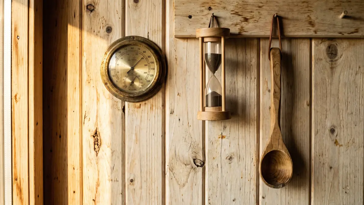 Brass sauna thermometer, hygrometer and hourglass on aspen wall
