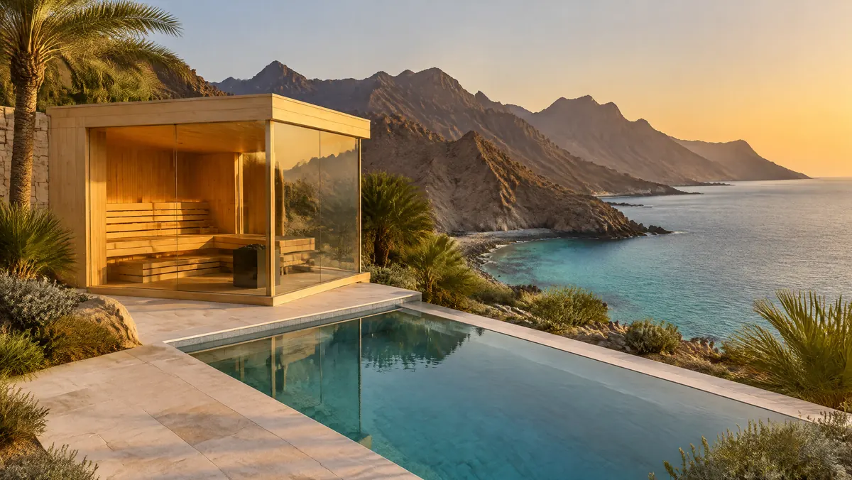 Glass sauna pavilion and plunge pool on a hillside terrace above a rocky bay on the Fujairah coast with Hajar mountains behind