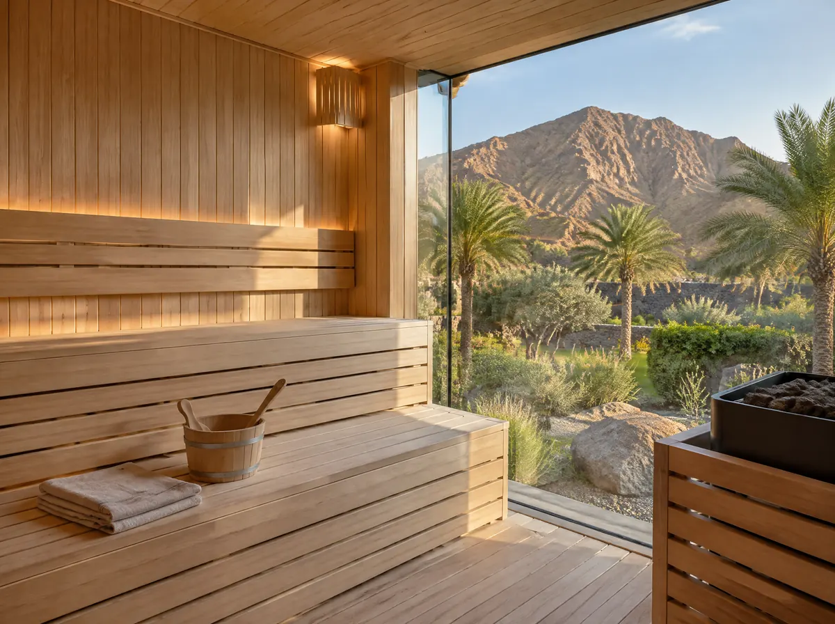 Pale timber sauna interior with a corner glass wall looking onto a palm garden and a Hajar mountain in Fujairah