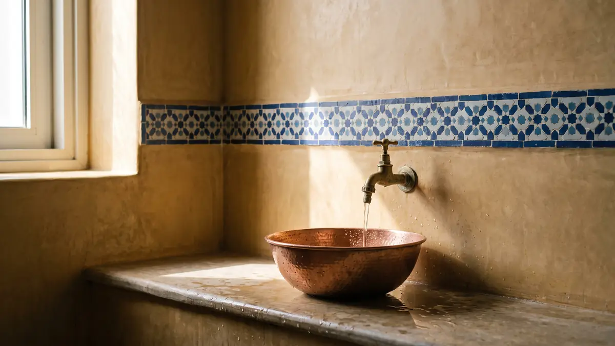 Hammam wall detail with ochre tadelakt plaster, zellige tiles and a brass basin with copper bowl