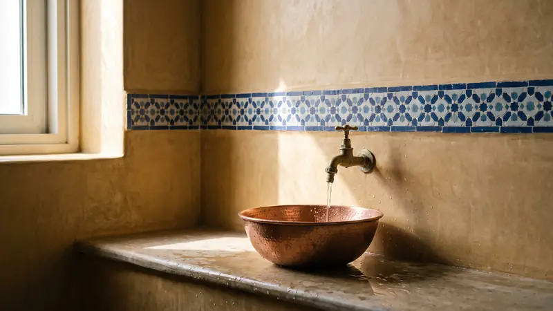 Hammam wall detail with ochre tadelakt plaster, zellige tiles and a brass basin with copper bowl