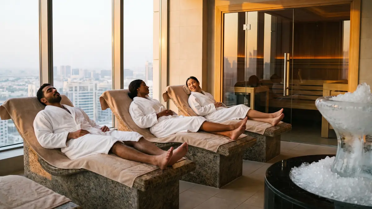 Guests in robes relaxing in a hotel thermal suite with glass sauna and ice fountain in Dubai