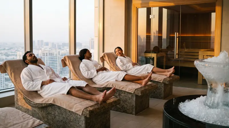 Guests in robes relaxing in a hotel thermal suite with glass sauna and ice fountain in Dubai