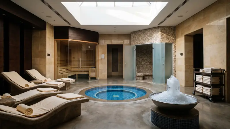 Empty hotel spa thermal suite in early morning with heated loungers, glass sauna and plunge pool
