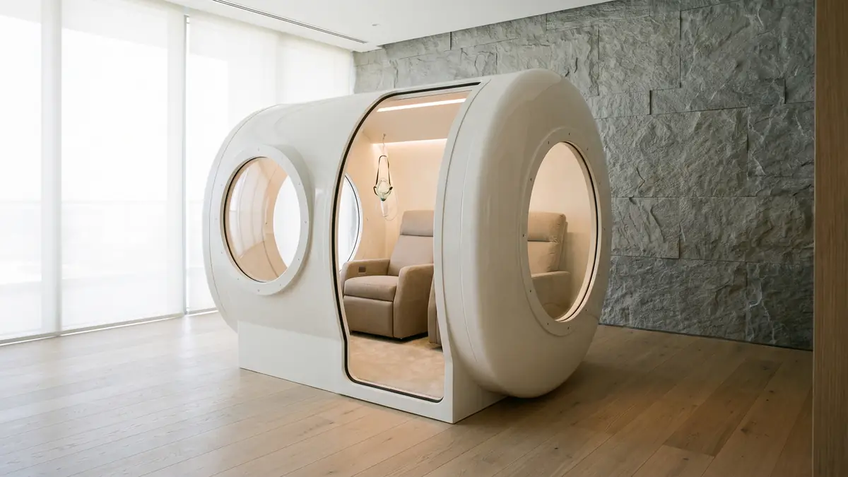 Walk-in hyperbaric oxygen lounge cabin installed in a Dubai home wellness room