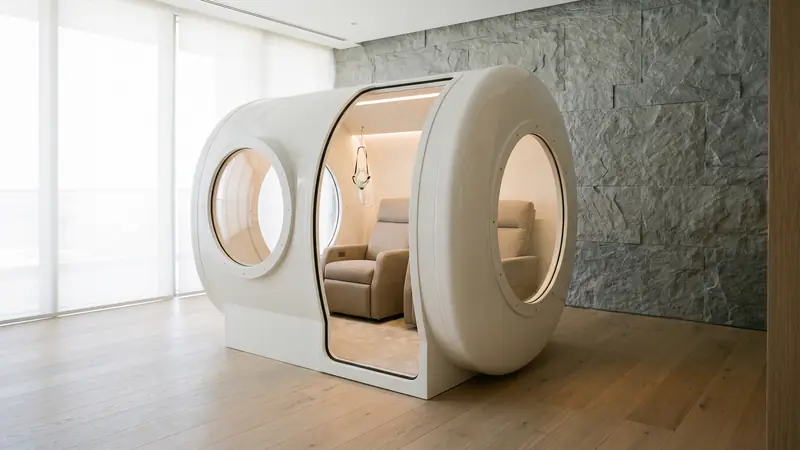 Walk-in hyperbaric oxygen lounge cabin installed in a Dubai home wellness room