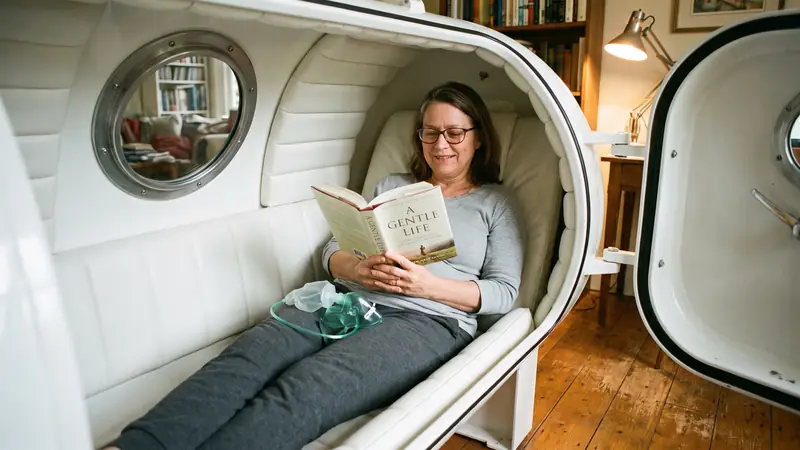 Woman reading a book inside a hard-shell hyperbaric oxygen chamber at home