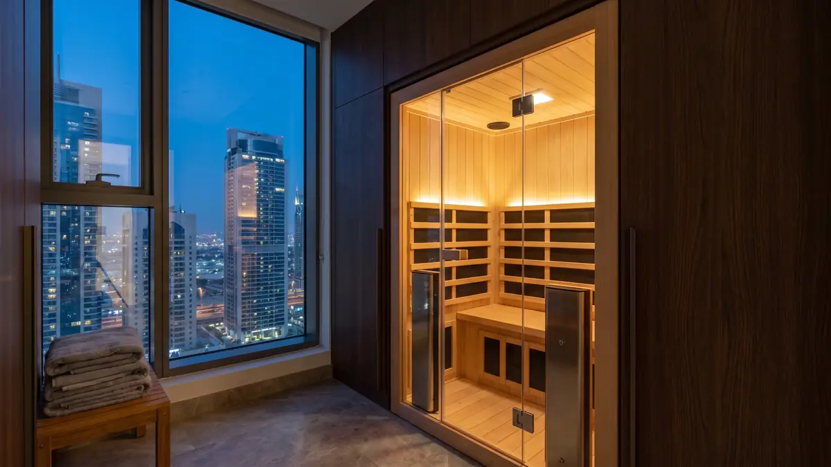 Infrared sauna cabin installed in a Dubai apartment master suite with city view