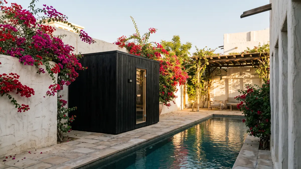 Charred timber sauna cabin beside a lap pool in a Jumeirah villa courtyard