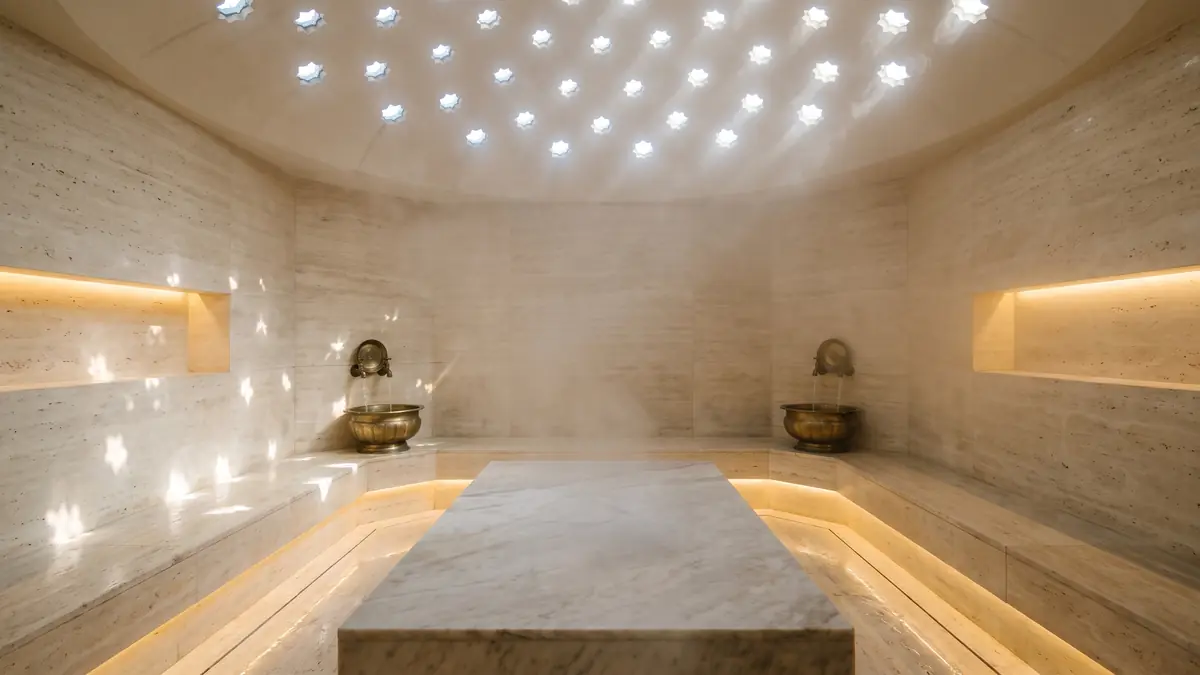 Modern hammam with heated marble slab and brass basins in a Dubai villa