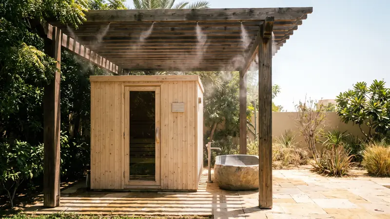 Outdoor sauna cabin under a shaded pergola with misting nozzles in bright Dubai summer sun