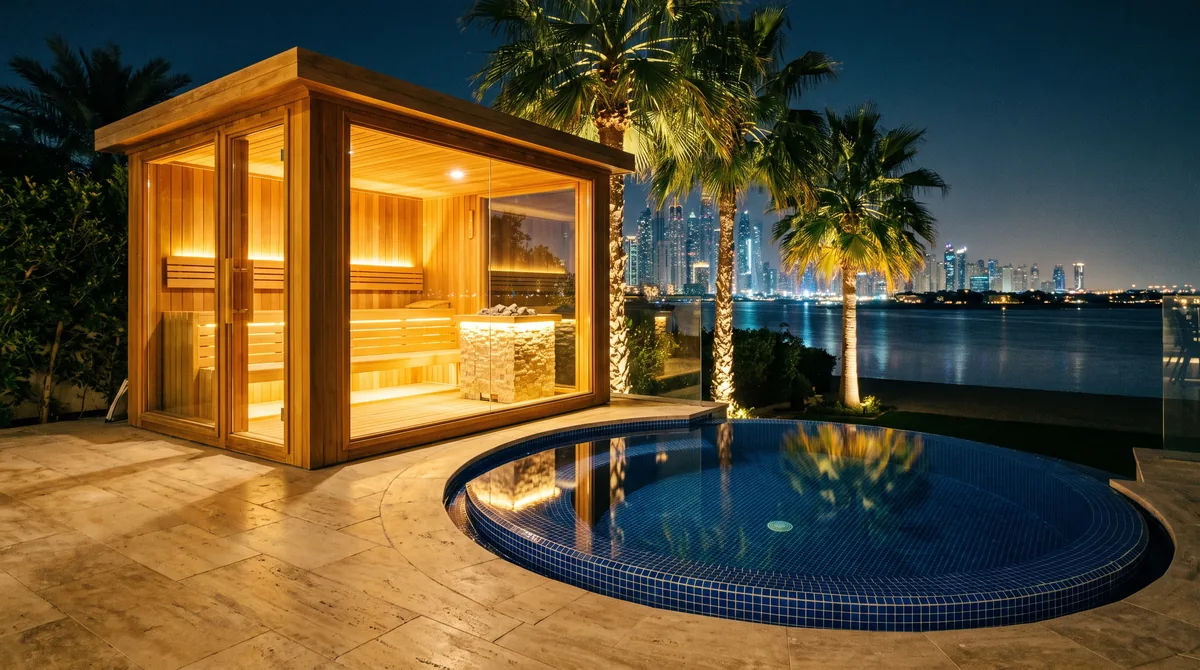 Glass-walled sauna pavilion glowing beside a round blue mosaic plunge pool in a Palm Jumeirah garden at night