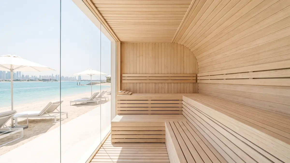 Sauna with glass wall facing the sea in a Palm Jumeirah beachfront villa