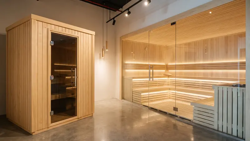 Showroom with a small prefabricated hemlock sauna cabin beside a large custom aspen sauna with glass wall
