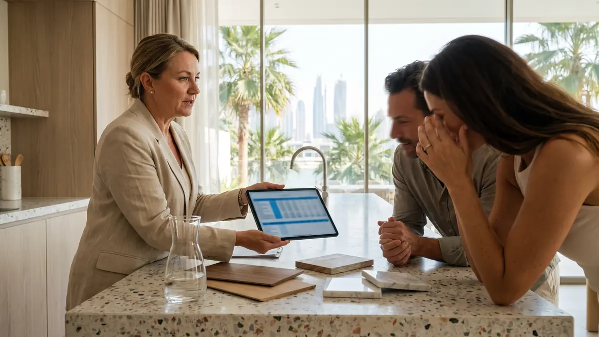 Consultant presenting a spa cost breakdown to a couple in a Dubai villa