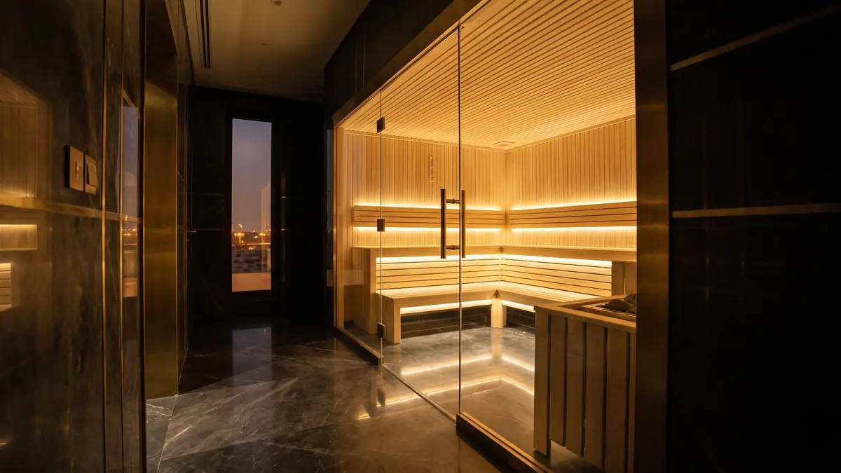 Custom sauna with glass wall inside a private spa suite of a Dubai villa at night