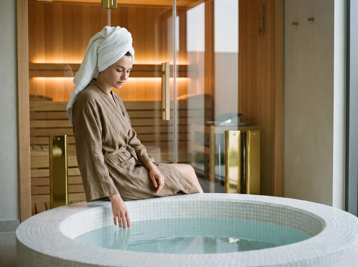 Private spa suite in a Dubai Hills villa with a round pearl mosaic plunge pool and glass-walled sauna