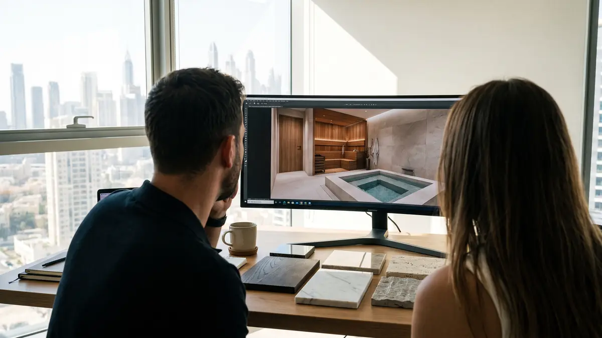 Designer showing a 3D visualisation of a villa spa on a monitor to a client in Dubai