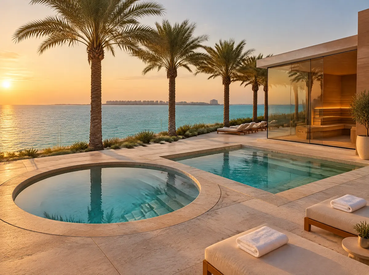 Two small plunge pools and a glass-walled sauna on a resort terrace facing the Gulf on Al Marjan Island