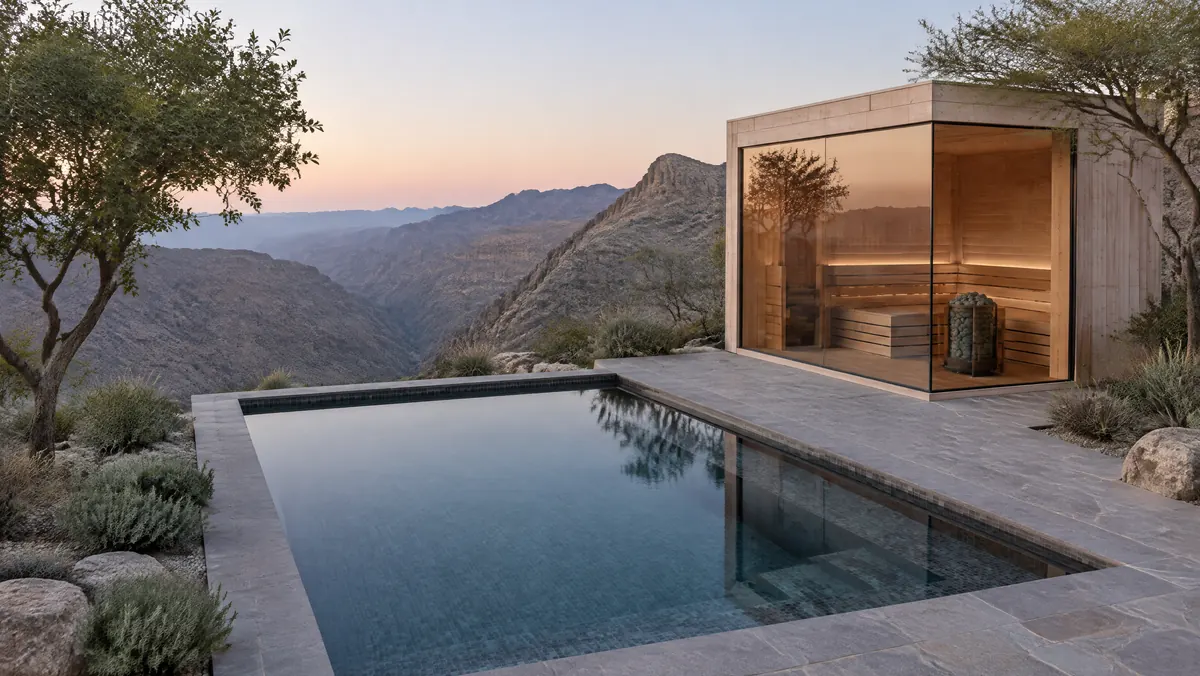Glass-cornered sauna pavilion beside a still plunge pool on a mountain terrace in the Hajar range of Ras Al Khaimah at dawn