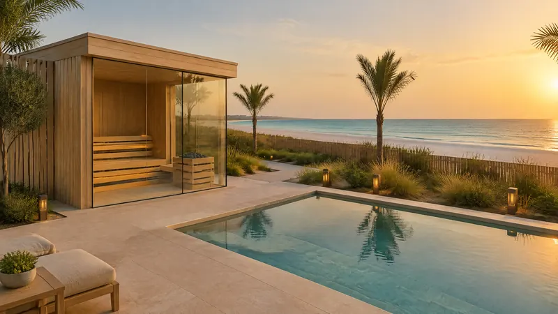 Glass-cornered sauna pavilion and plunge pool on a Saadiyat Island villa terrace above the beach at golden hour