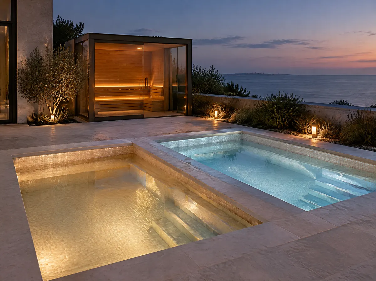 Two plunge pools side by side with a glass sauna glowing behind them on a Saadiyat Island terrace at dusk